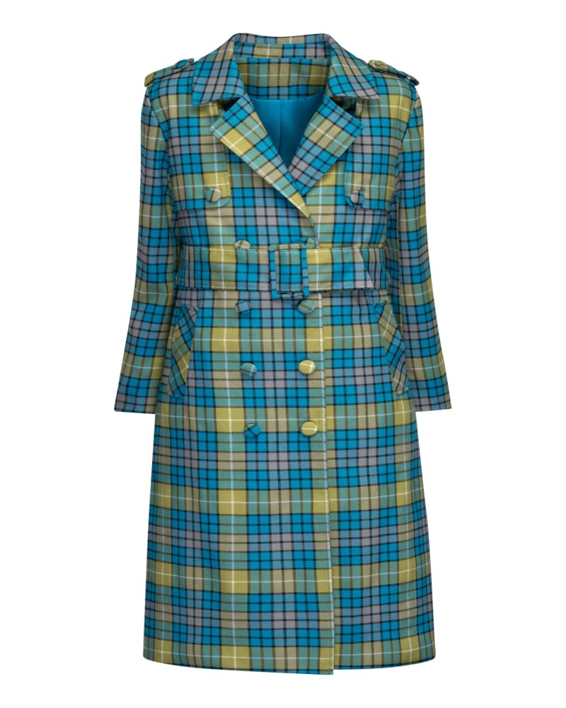 Front of a size XL The Eliza Plaid Trench Coat in Blue by Hilary MacMillan. | dia_product_style_image_id:330532